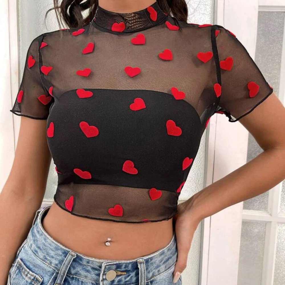 Heart Print Mock Neck Crop Mesh Top Without Bra